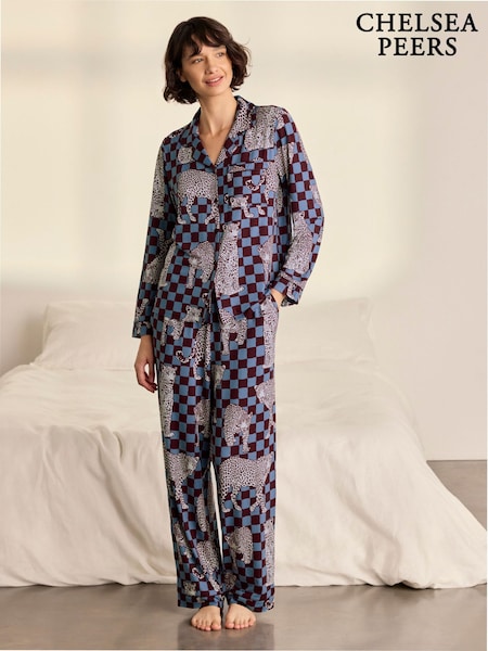 Blue - Chelsea Peers Midnight Checkerboard Leopard Print Long Pyjamas Set