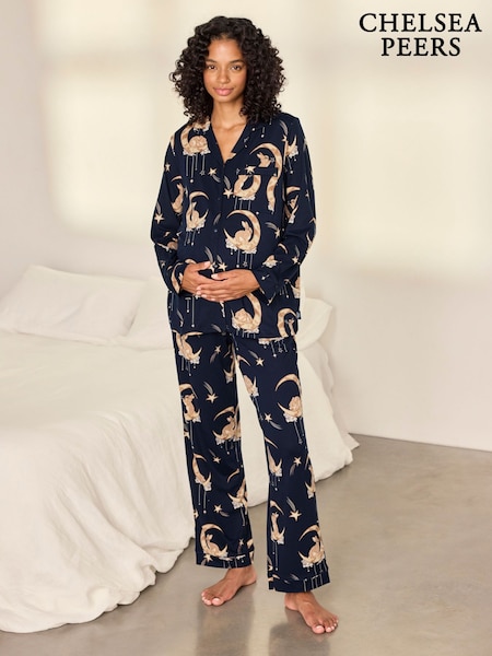 Azul - Conjunto de pijama largo con estampado de conejitos lunares y diseño abotonado de Chelsea Peers