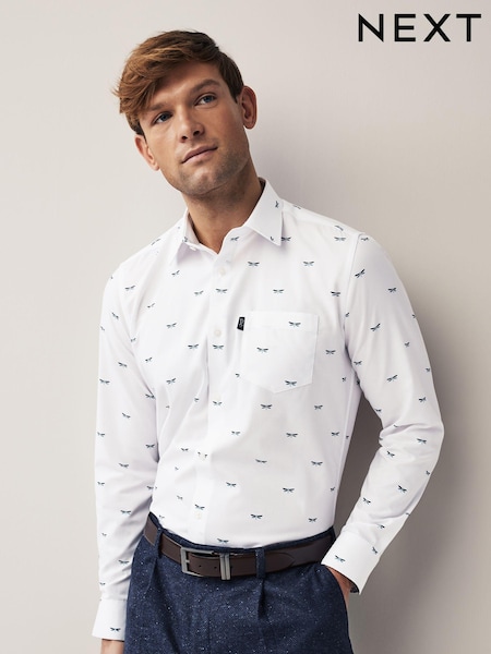 Alb/Albastru Libelulă - Slim Fit - Easy Iron Mânecă lungă Single Cuff Printed Oxford Cămăși (260887) | 99 LEI