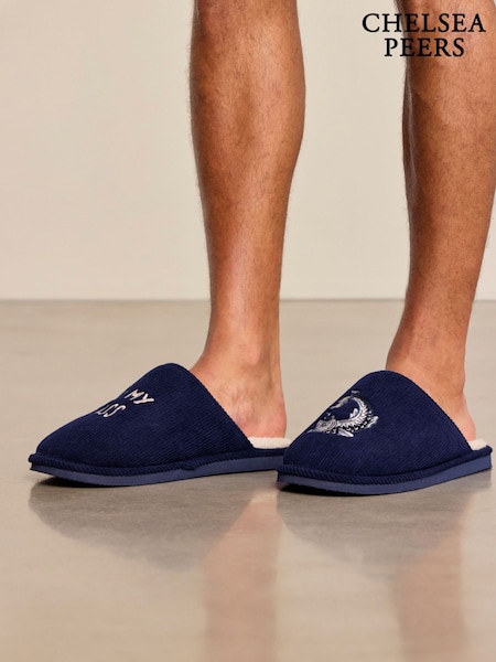 Blue - Regular Chelsea Peers Corduroy Embroidered Kiss My Bass Slippers
