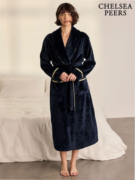 Blue - Chelsea Peers Fleece Embroidered Good Night Long Dressing Gown