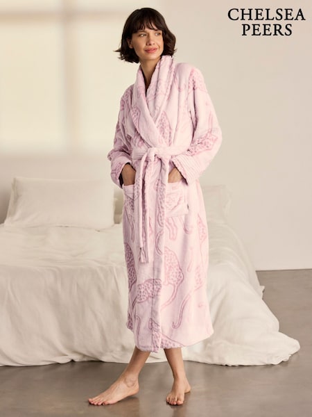Pink - Chelsea Peers Fleece Burnout Lino Cut Leopard Print Long Dressing Gown