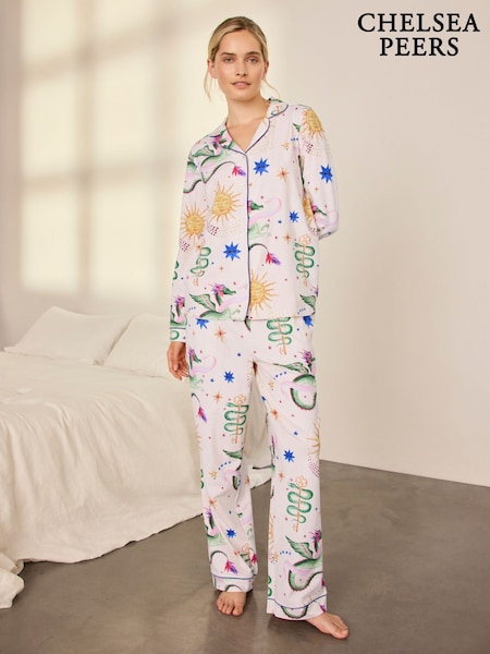 Off White - Chelsea Peers Cotton Mythical Dragon Print Long Pyjama Set