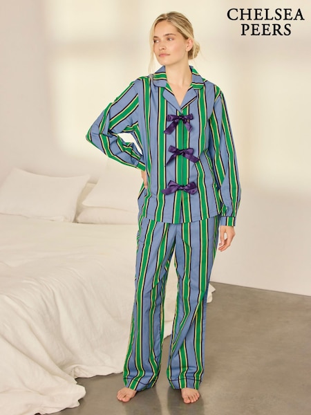 Blue/Green Stripe - Chelsea Peers Cotton Jewel Button Up Long Pyjamas Set