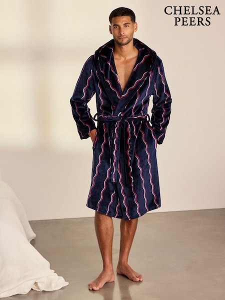 Azul - Regular Chelsea Peers Fleece Ripple Stripe Hooded Dressing Gown