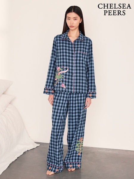 Azul - Conjunto de pijama largo de algodón bordado de cuadros con estampado de dragón mítico de Chelsea Peers