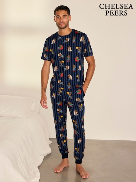 Bleu - Regular Chelsea Peers Nap Bandit Wolf Print Long Pyjamas Set
