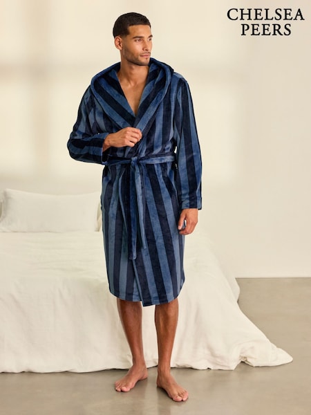 Blue - Regular Chelsea Peers Fleece Stripe Dressing Gown