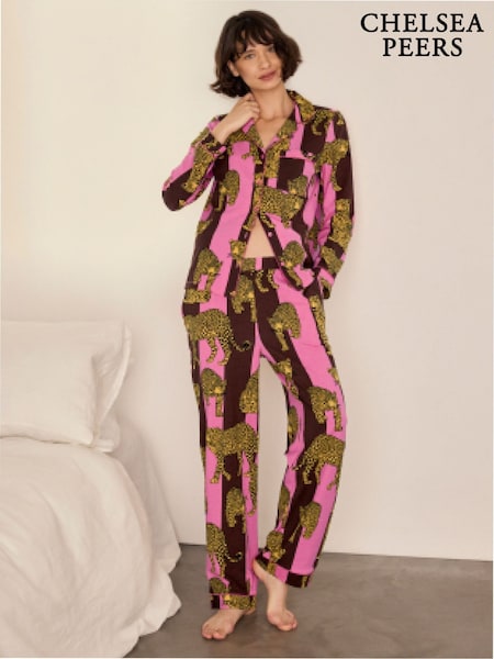 Brown - Chelsea Peers Cotton Leopard Stripe Print Long Pyjamas Set