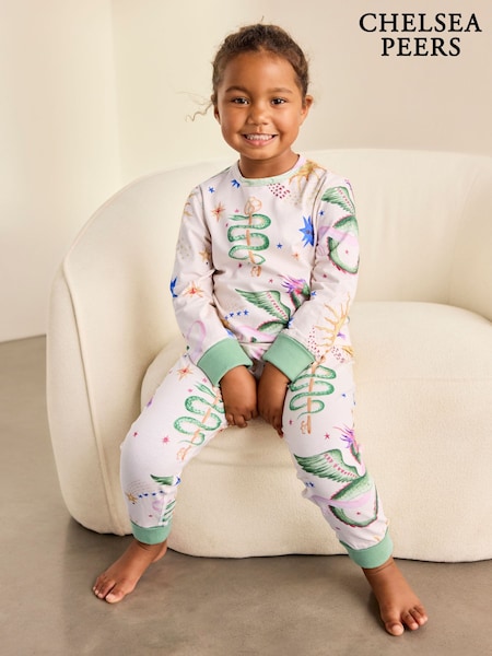 Natural - Conjunto de pijama largo infantil de algodón con estampado de dragón mítico de Chelsea Peers