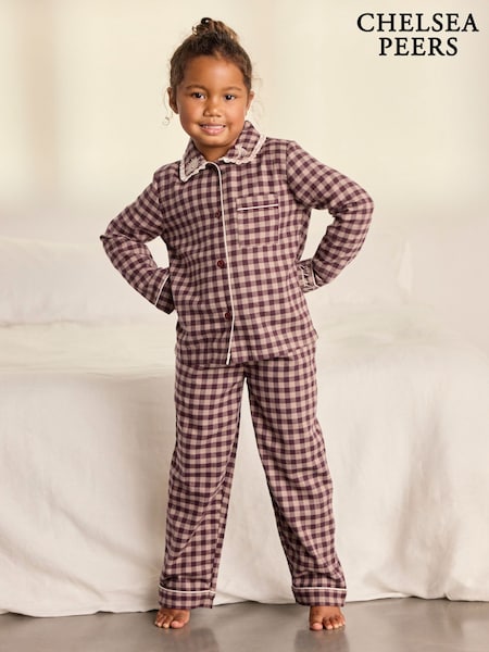 Brown - Chelsea Peers Kids Cotton Embroidered Gingham Enchanted Dreams Long Pyjamas Set