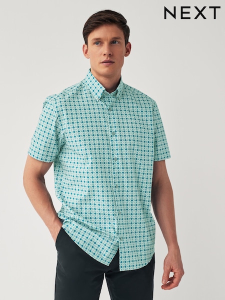 Сине-зеленый Синий геометрическим узором - Regular Fit 100% Cotton Printed Short Sleeve Shirt (261351) | €8
