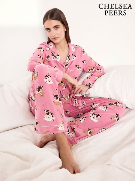 Pink - Chelsea Peers Cotton Cosmic Cow Print Long Pyjamas Set
