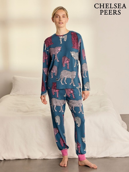 Green - Chelsea Peers Jewel Leopard Print Long Pyjamas Set