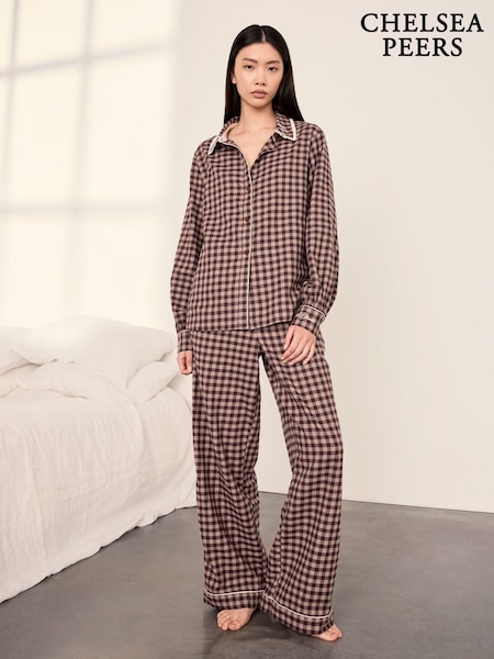 Brown Gingham - Chelsea Peers Cotton Embroidered Enchanted Dreams Long Pyjamas Set