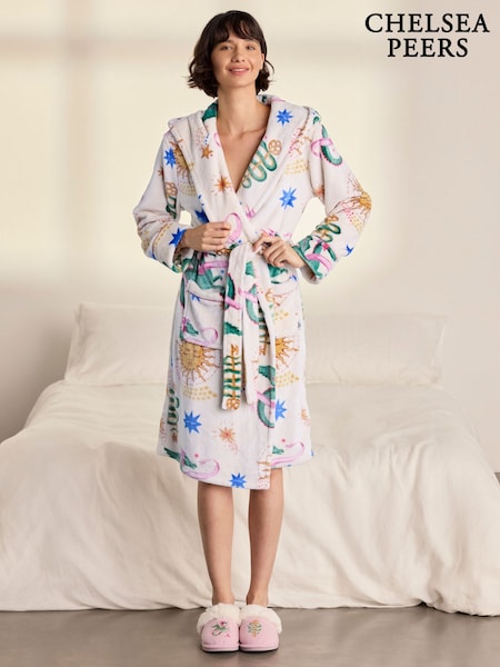 Natural - Chelsea Peers Fleece Mythical Dragon Print Hooded Dressing Gown