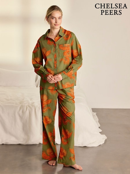 Green - Chelsea Peers Cotton Solar Phoenix Print Long Pyjamas Set