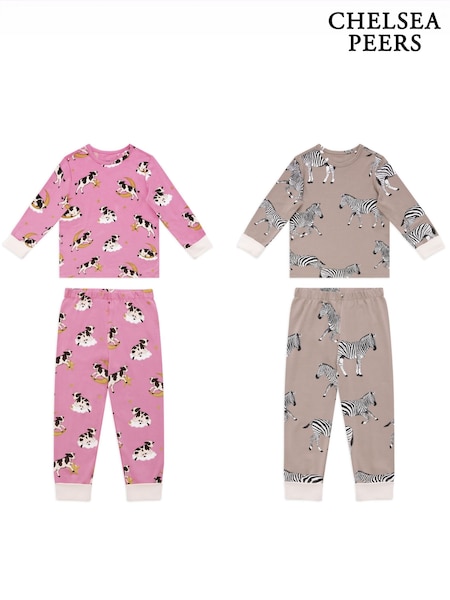 ורוד - Chelsea Peers Kids Cotton Cosmic Cow/zebra Print Long Pyjamas Set 2pk