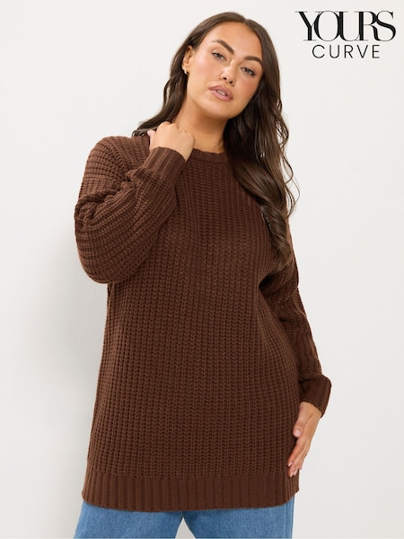 Brown - Yours Curve Longline Waffle Knit Jumper