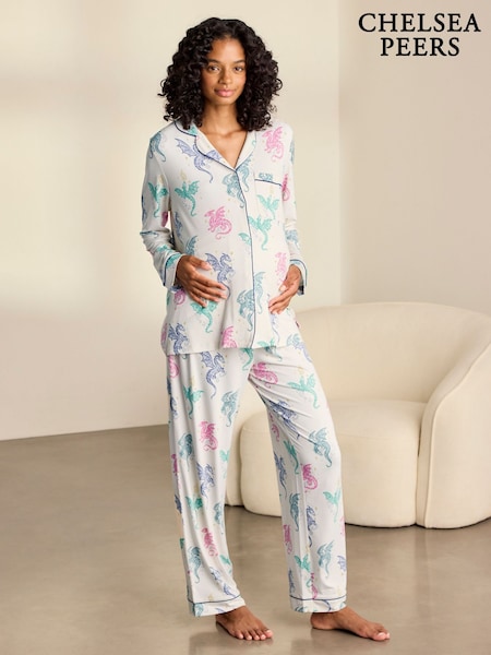 Natural - Chelsea Peers Maternity Rainbow Dragon Print Long Pyjamas Set