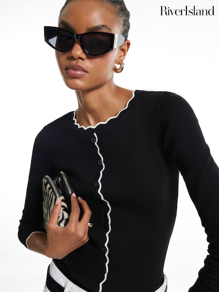 Black - River Island Long Sleeve Scallop Rib Cardigan
