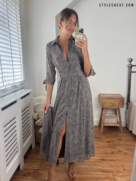 Imprimeuri cu pietricele Negru - Rochie midaxi Style Cheat Daphne stil cămașă cu cordon (261766) | 207 LEI