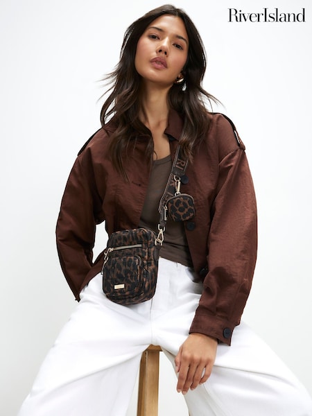 Brown - River Island Leopard Webbing Strap Cross-body Bag