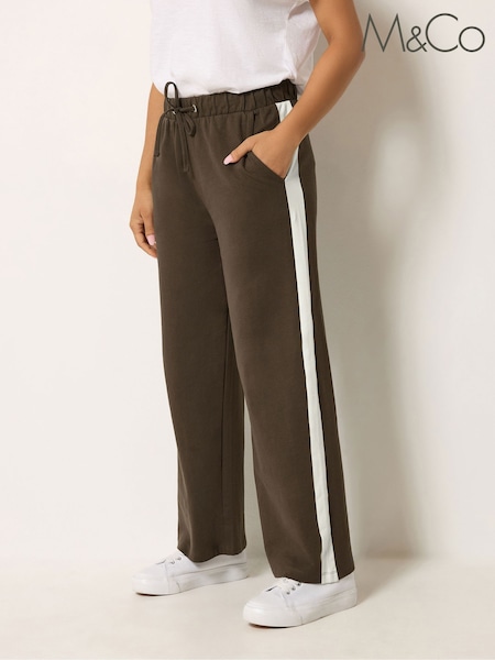 Brown - M&co Petite Side Stripe Cotton Wide Leg Joggers