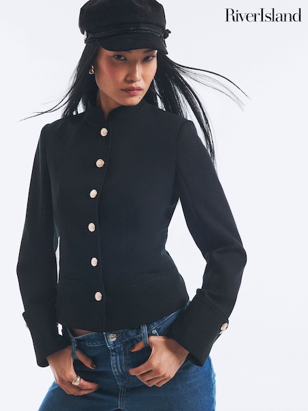 Black - River Island Long Sleeve High Neck Military Jacket
