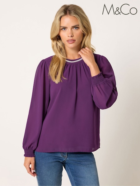 紫色 - M&co Petite Trim Neck Blouse