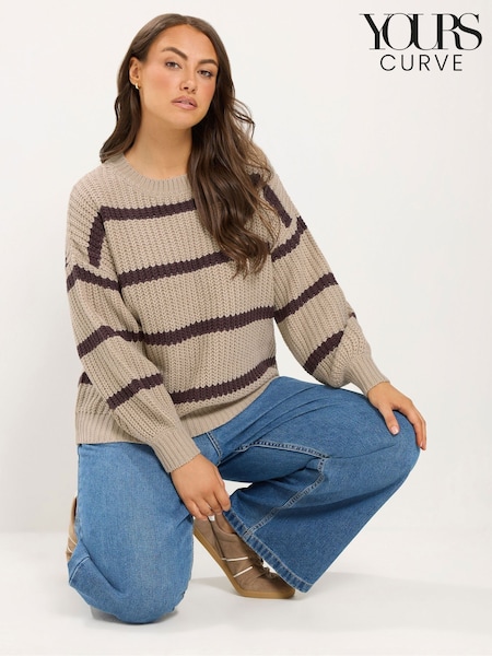Natural - Yours Curve Stripe Waffle Knitted Jumper