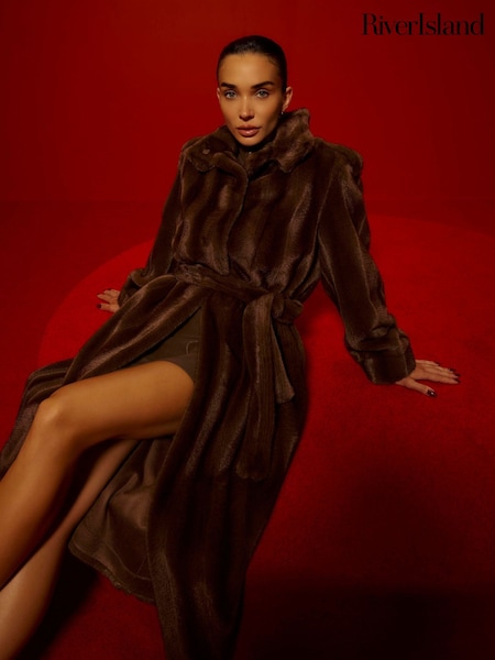 Brown - River Island Faux Fur Belted Robe Coat