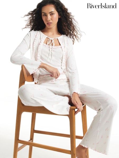 أبيض - River Island Long Sleeve Ditsy Pointelle 3-piece Pyjama Set