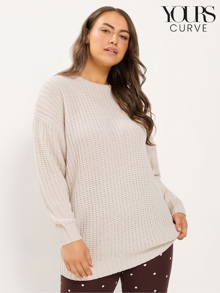 Natural - Yours Curve Longline Waffle Knit Jumper