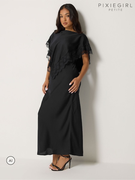 Черный - Pixiegirl Petite Satin Lace Cape Maxi Dress