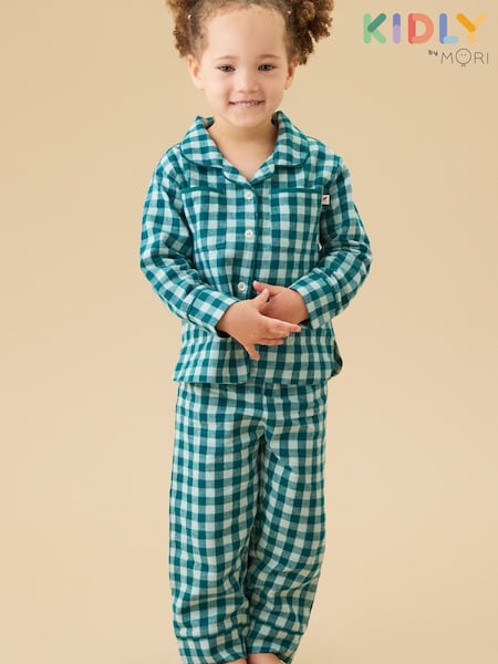 أخضر مربعات - Kidly By Mori Supersoft Woven Button Down Pyjamas