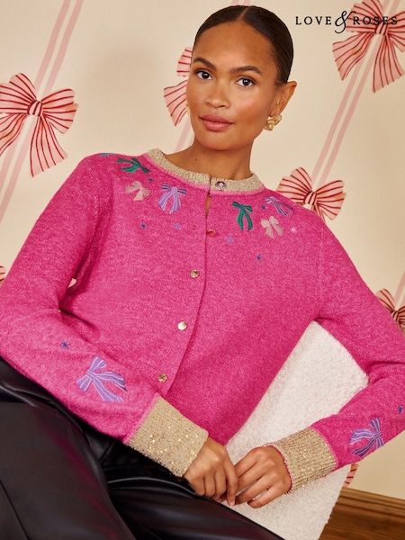 Pink - Love & Roses Cosy Sparkle Bow Crew Neck Christmas Knitted Cardigan