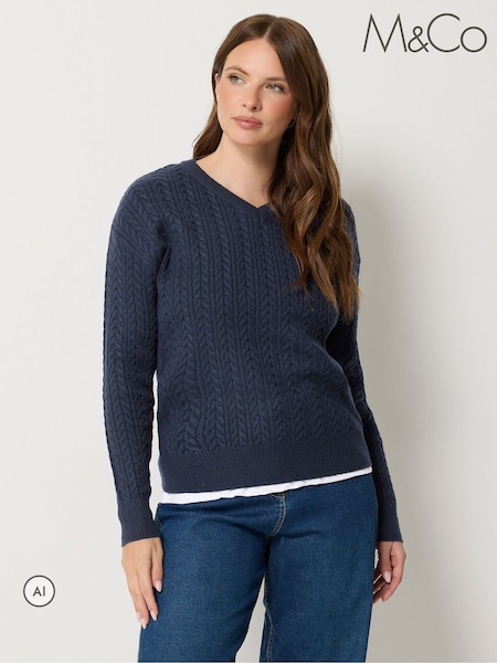Blue - M&co V-neck Mini Cable Jumper