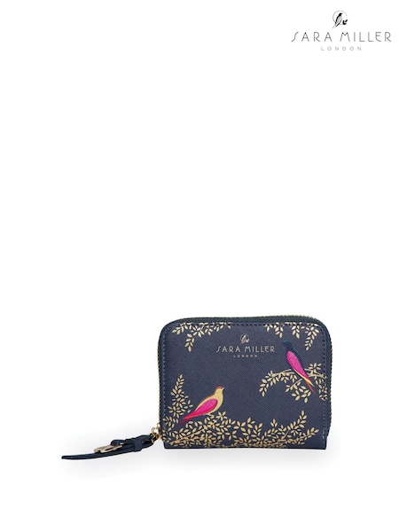Bleu - Porte-monnaie Sara Miller bleu à fermeture éclair, petit modèle, motif oiseaux bleu fumé
