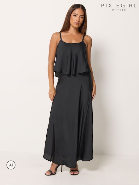 Black - Pixiegirl Petite Satin Layered Midi Dress