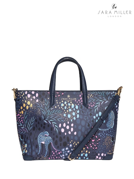 أزرق - Sara Miller Blue Medium Tote Midnight Leopard Bag