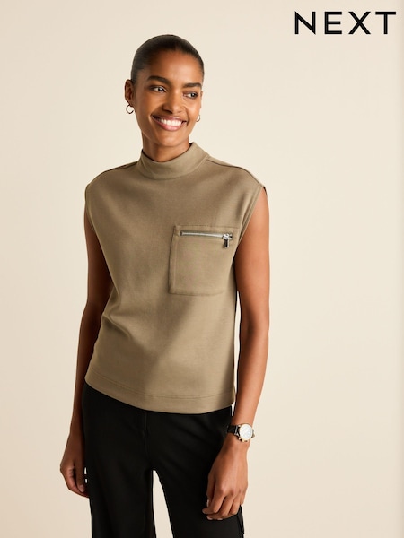 Khaki Green Slinky Soft Touch Utility Sleeveless High Neck Zip Pocket Top (263211) | €7.50