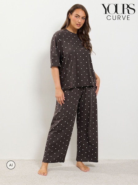 Brown - Yours Curve Polka Dot Sleep T-shirt And Wide Leg Pyjamas Set
