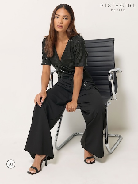 Black - Pixiegirl Petite Sequin Wrap Wide Leg Jumpsuit