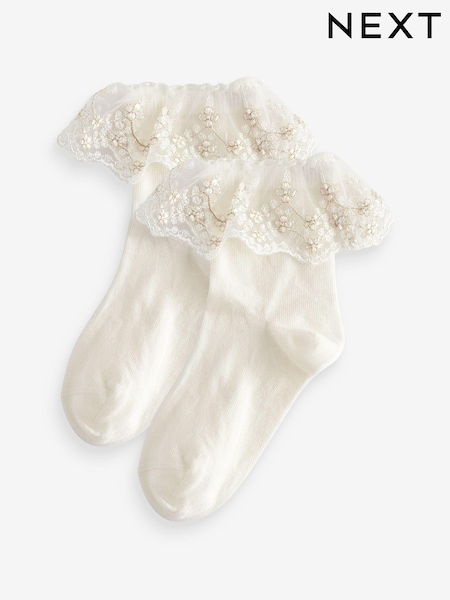 Cream 2 Pack Cotton Rich Flower Girl Ruffle Ankle Socks (263581) | 30 QAR - 35 QAR