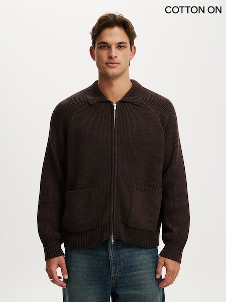 Brown - Regular Cotton On Zip Through Knitted Bomber Jumper