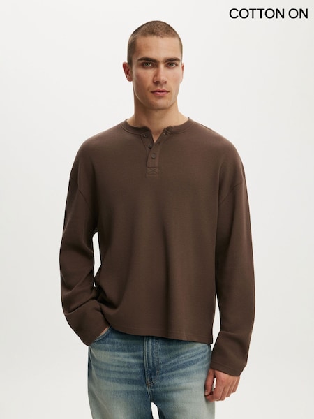 Braun - Regular Cotton On Relaxed Fit Textured Henley Long Sleeve T-shirt