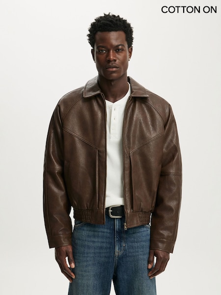 Qəhvəyi - Regular Cotton On Faux Leather Harrington Jacket