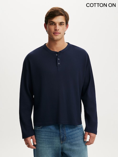Blau - Regular Cotton On Relaxed Fit Textured Henley Long Sleeve T-shirt