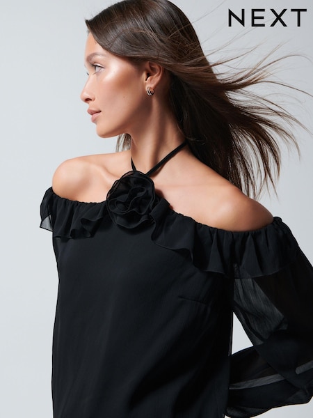 Черный - Corsage Halter Neck Long Sleeve Top (264310) | €7